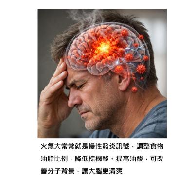 火氣大焦躁,可能就是慢性發炎,調整食物油脂比例,幾週內就可以開始變清爽